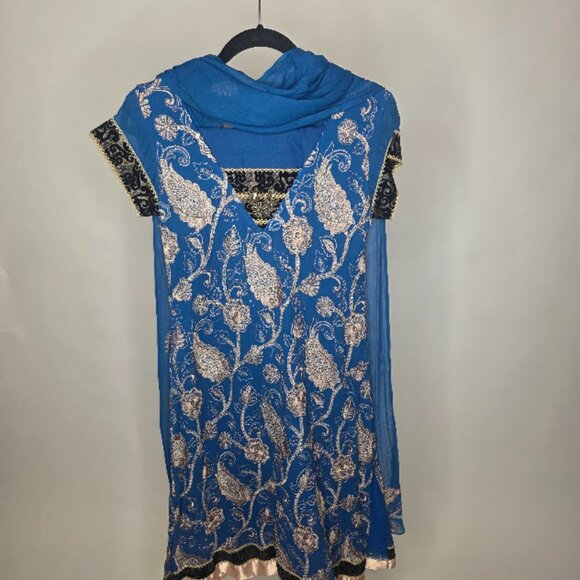Shalwar Kameez Pakistani / Indian Suit Blue Dress 3 pcs SMALL - Picture 1 of 6